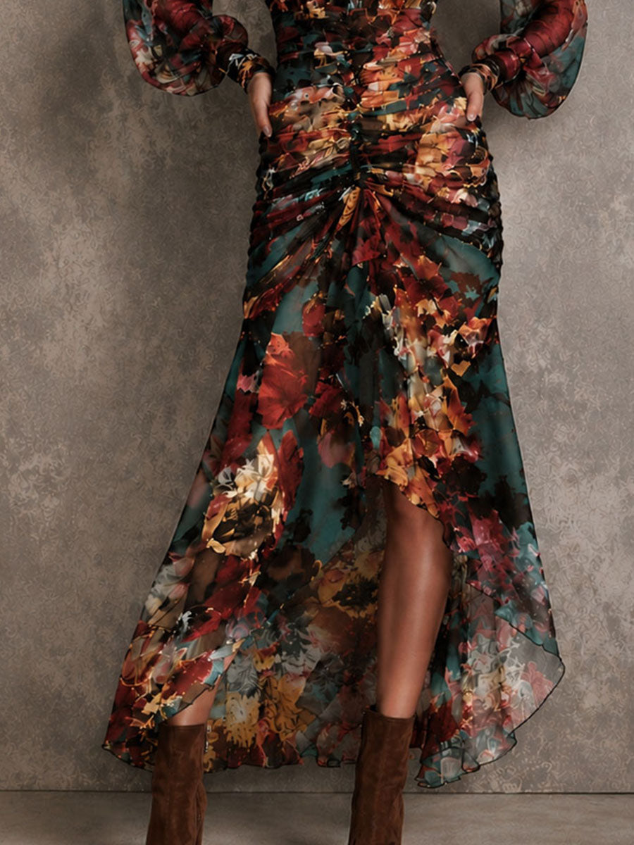 Multicolored Oil Painting Floral Chiffon Keyhole Collar Pleated Irregular Maxi Dress