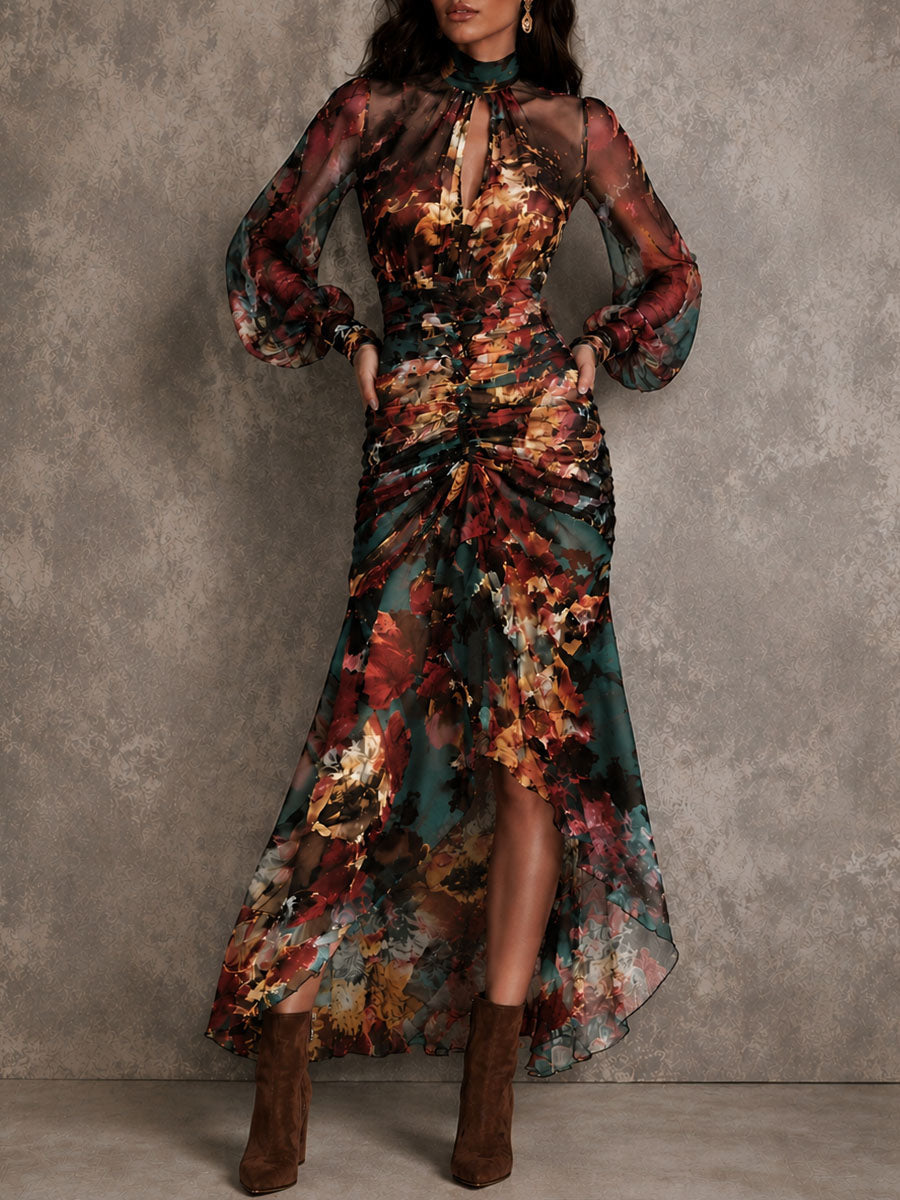 Multicolored Oil Painting Floral Chiffon Keyhole Collar Pleated Irregular Maxi Dress