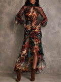 Multicolored Oil Painting Floral Chiffon Keyhole Collar Pleated Irregular Maxi Dress
