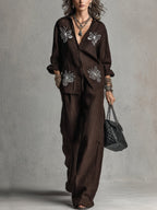 Relaxed Brown Loose-fitting Embroidered Shirt And Wide-leg Pants Suit