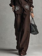 Relaxed Brown Loose-fitting Embroidered Shirt And Wide-leg Pants Suit