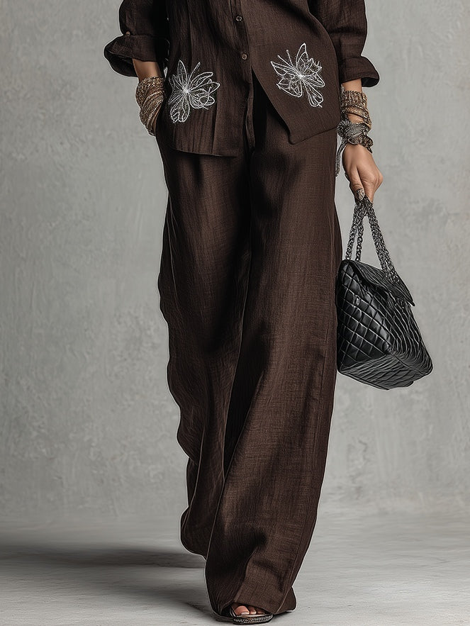 Relaxed Brown Loose-fitting Embroidered Shirt And Wide-leg Pants Suit