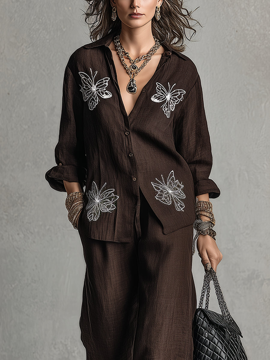 Relaxed Brown Loose-fitting Embroidered Shirt And Wide-leg Pants Suit