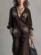 Relaxed Brown Loose-fitting Embroidered Shirt And Wide-leg Pants Suit