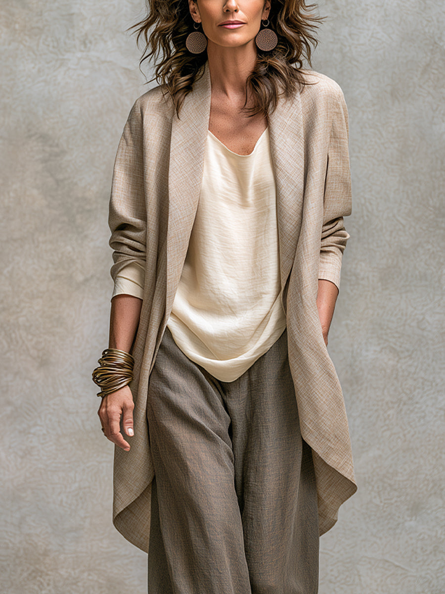 Beige Grey Casual Layered Three-piece Elegant Wide-leg Pants Suit
