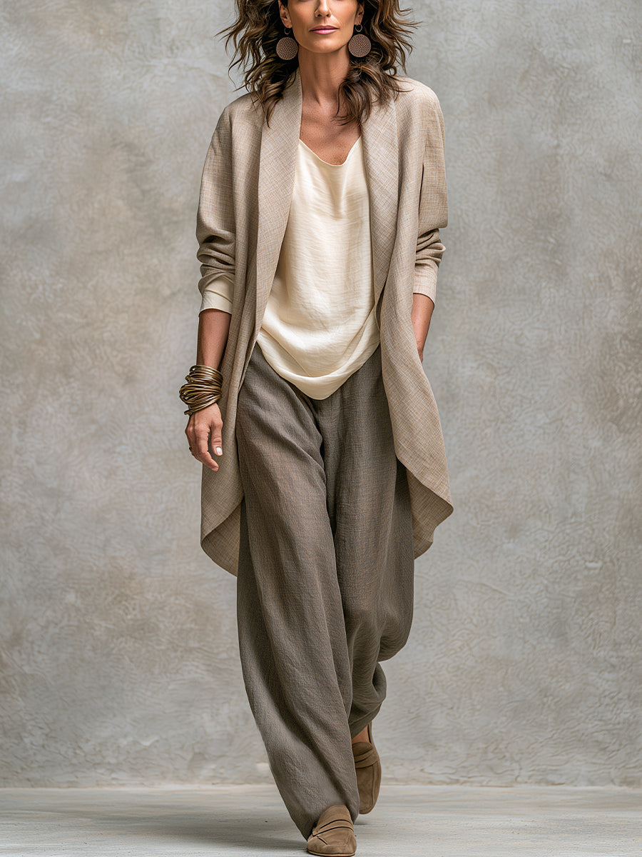Beige Grey Casual Layered Three-piece Elegant Wide-leg Pants Suit