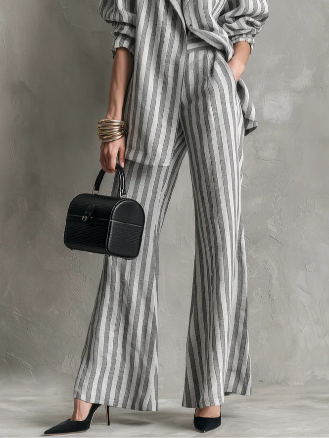 Gray And White Striped Relaxed Two-piece Suit With Wide-leg Pants