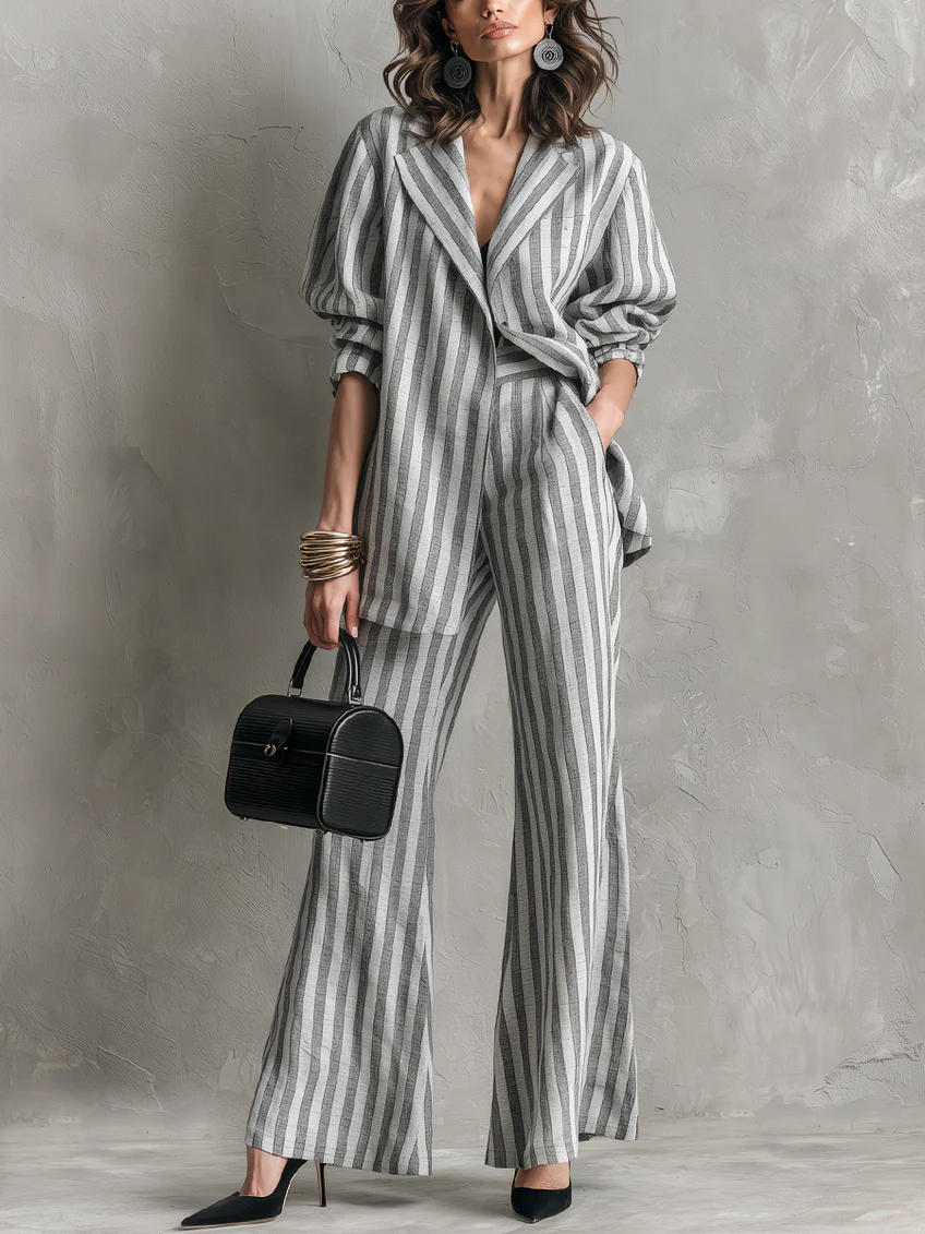 Gray And White Striped Relaxed Two-piece Suit With Wide-leg Pants