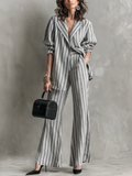 Gray And White Striped Relaxed Two-piece Suit With Wide-leg Pants