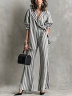 Gray And White Striped Relaxed Two-piece Suit With Wide-leg Pants