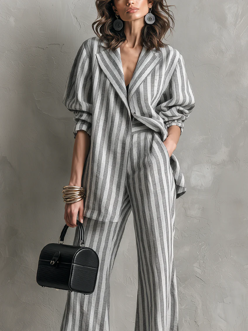 Gray And White Striped Relaxed Two-piece Suit With Wide-leg Pants