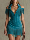 Western-Style Lapel Zipper Tassel Slim-Fit Mini Dress