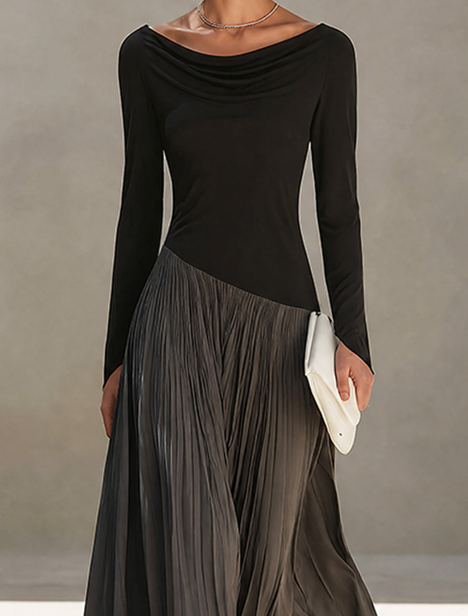 Black And Gray Two-tone Patchwork Draped Neckline Pleated Maxi Dress