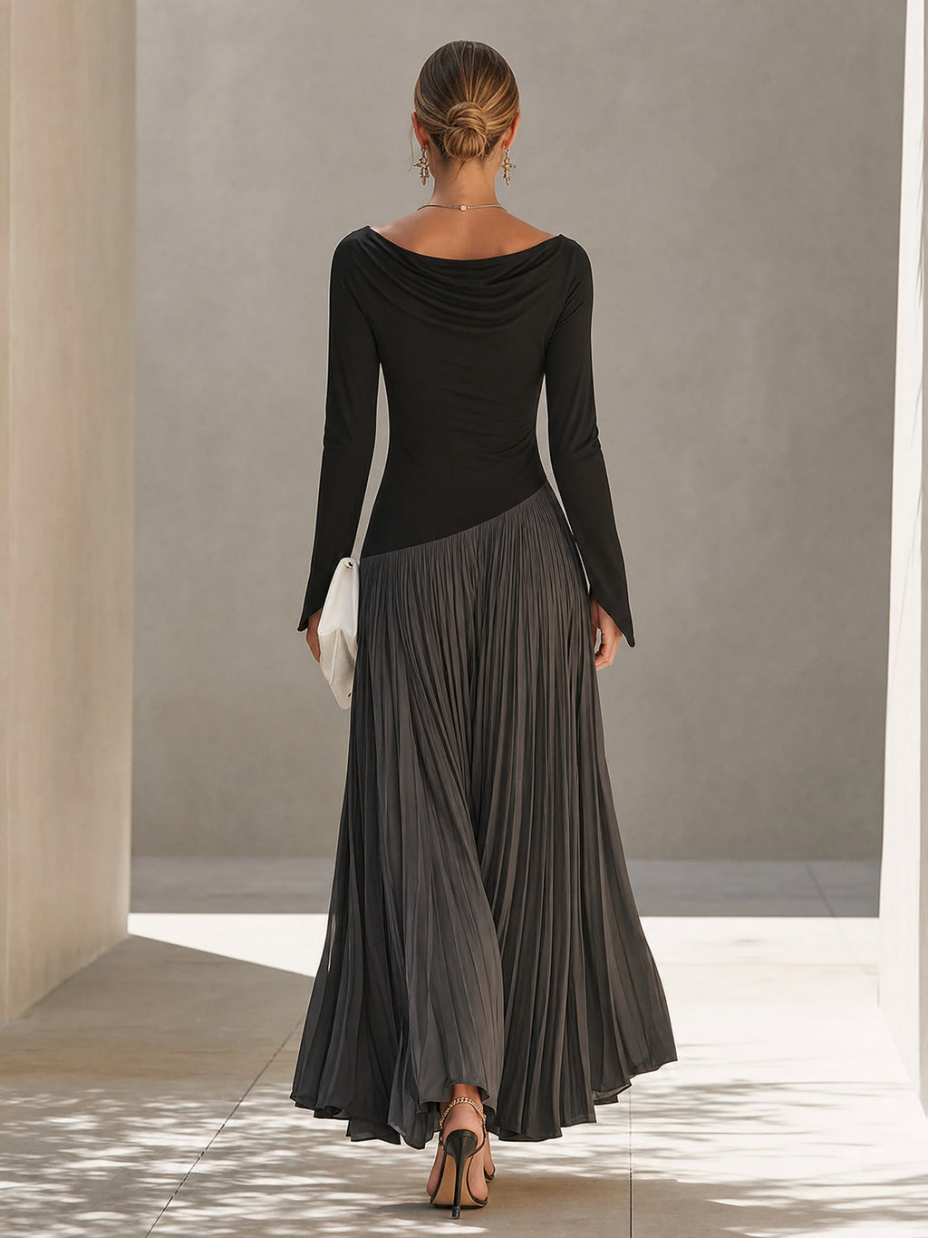 Black And Gray Two-tone Patchwork Draped Neckline Pleated Maxi Dress