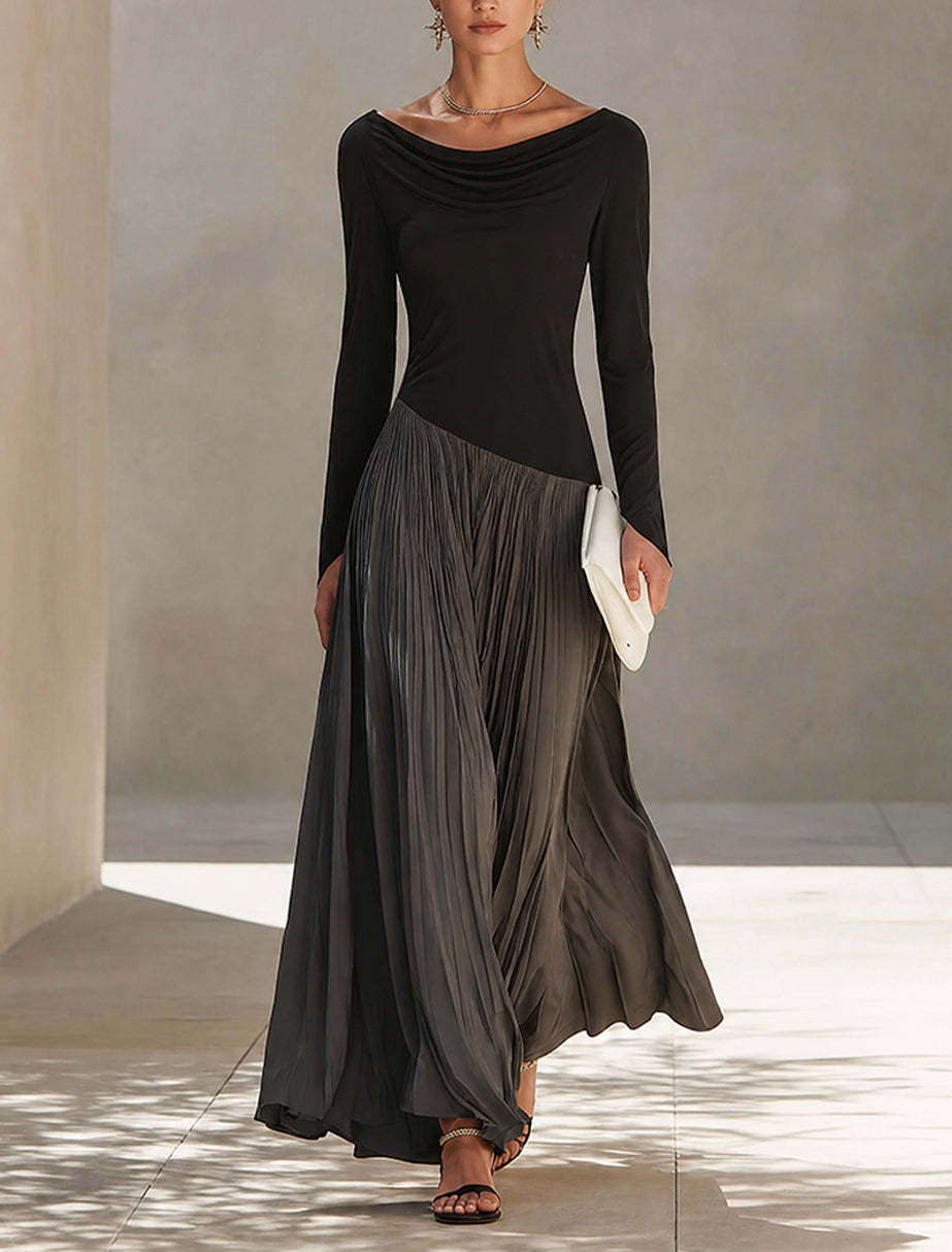 Black And Gray Two-tone Patchwork Draped Neckline Pleated Maxi Dress