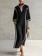Black Color-blocked Trim V-neck Stand Collar Three-quarter Sleeve Maxi Dress