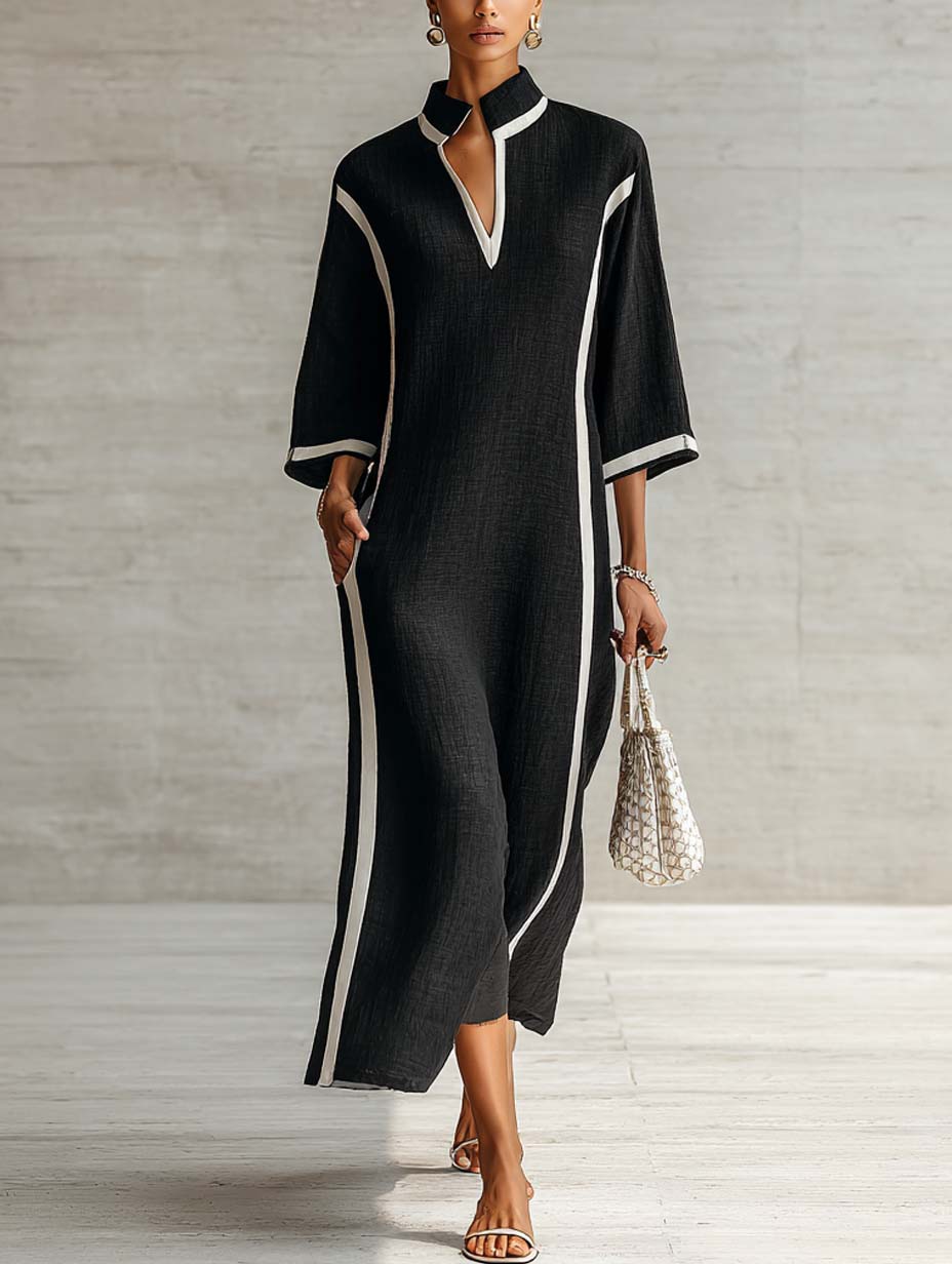 Black Color-blocked Trim V-neck Stand Collar Three-quarter Sleeve Maxi Dress