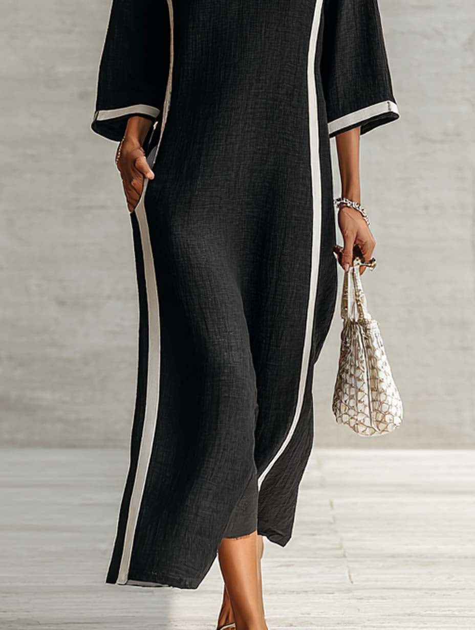 Black Color-blocked Trim V-neck Stand Collar Three-quarter Sleeve Maxi Dress