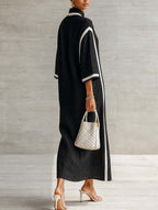 Black Color-blocked Trim V-neck Stand Collar Three-quarter Sleeve Maxi Dress