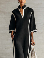 Black Color-blocked Trim V-neck Stand Collar Three-quarter Sleeve Maxi Dress