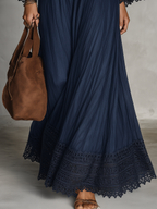 Navy V-neck Lace-trimmed Bell Sleeve Loose Maxi Dress