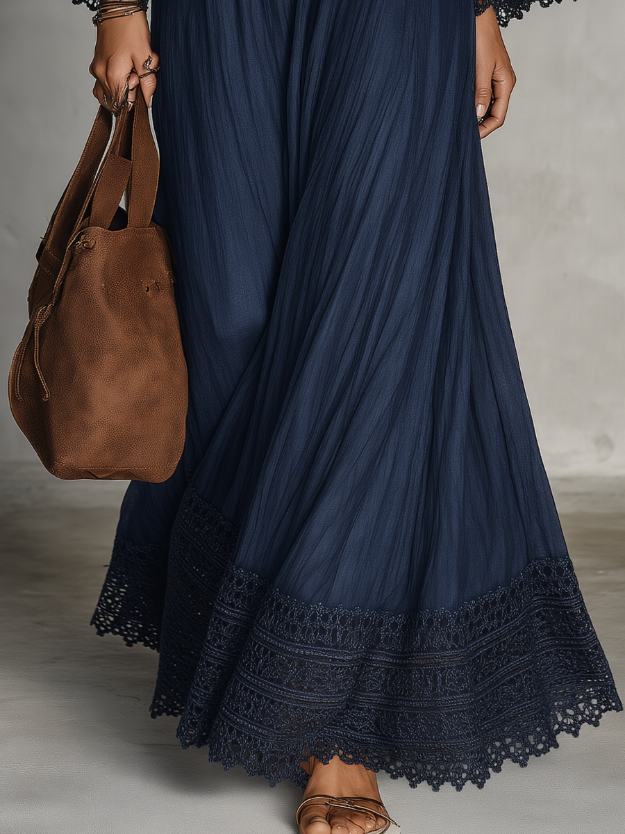 Navy V-neck Lace-trimmed Bell Sleeve Loose Maxi Dress