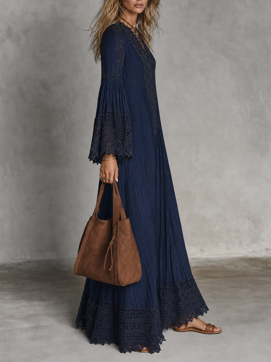 Navy V-neck Lace-trimmed Bell Sleeve Loose Maxi Dress