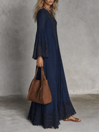Navy V-neck Lace-trimmed Bell Sleeve Loose Maxi Dress