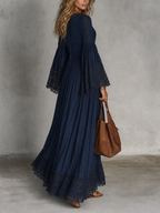 Navy V-neck Lace-trimmed Bell Sleeve Loose Maxi Dress
