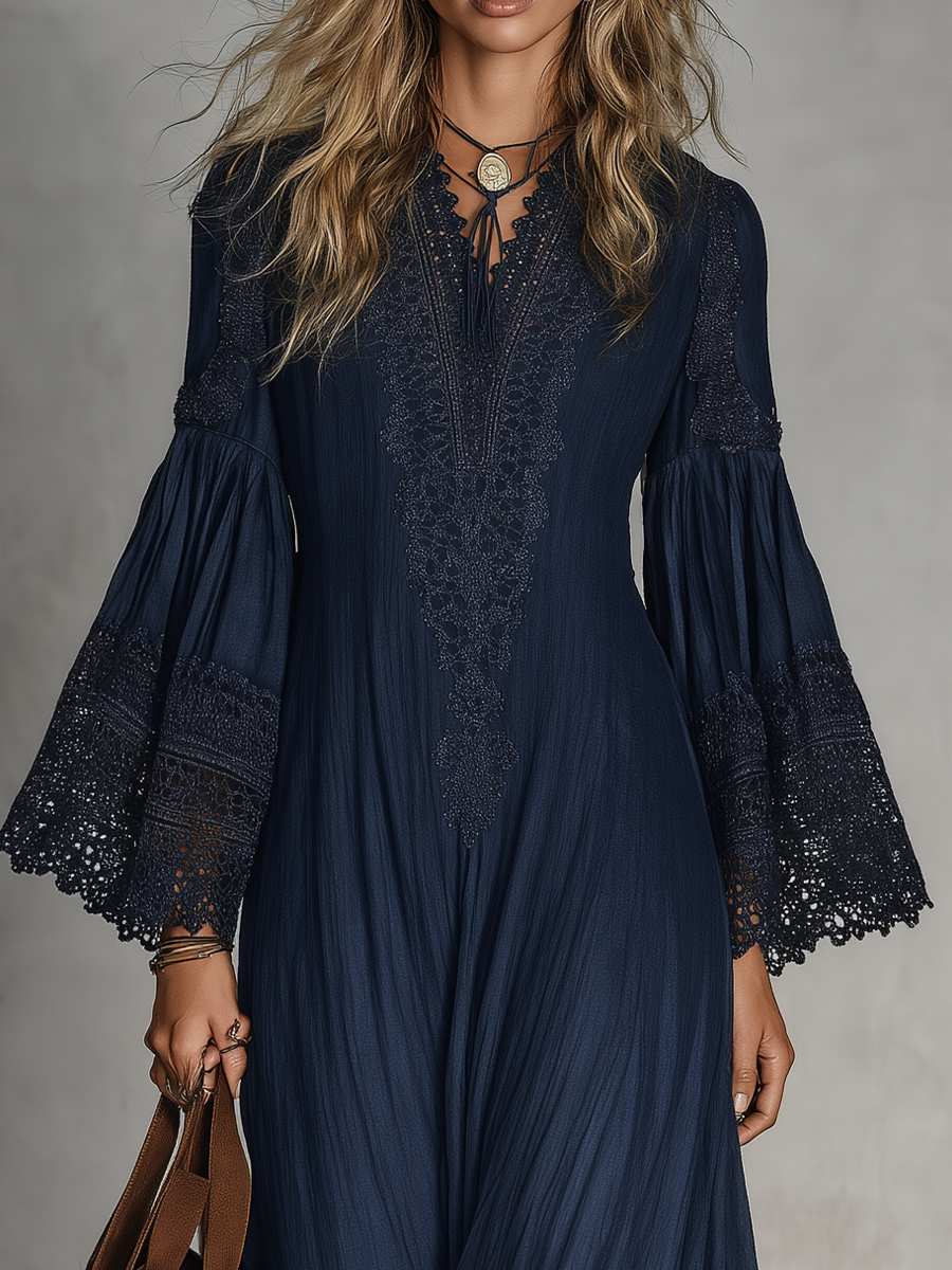 Navy V-neck Lace-trimmed Bell Sleeve Loose Maxi Dress