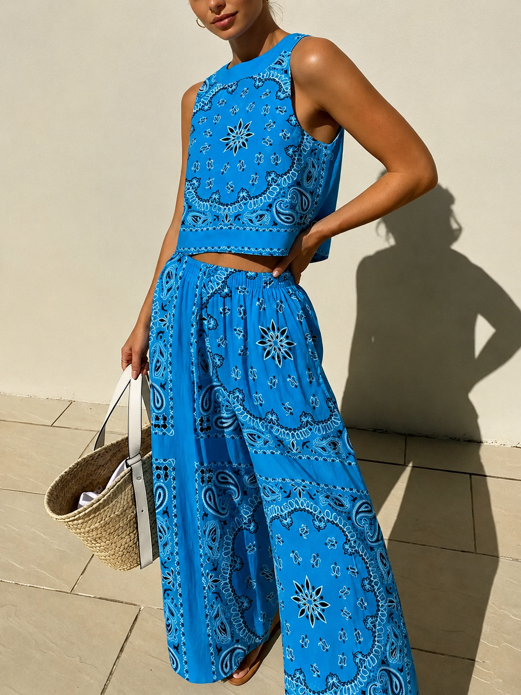 Blue Paisley Print Cropped Vest And Wide-leg Pants Casual Suit