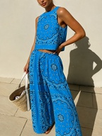 Blue Paisley Print Cropped Vest And Wide-leg Pants Casual Suit