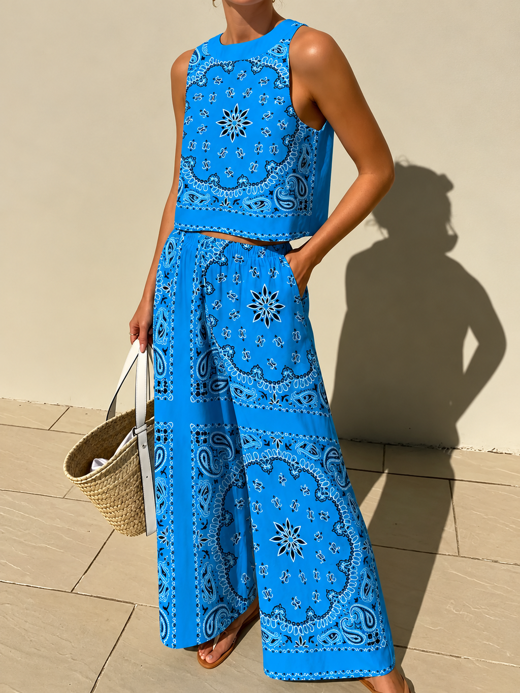Blue Paisley Print Cropped Vest And Wide-leg Pants Casual Suit