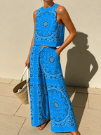 Blue Paisley Print Cropped Vest And Wide-leg Pants Casual Suit