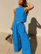 Blue Paisley Print Cropped Vest And Wide-leg Pants Casual Suit