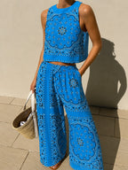 Blue Paisley Print Cropped Vest And Wide-leg Pants Casual Suit