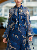 Blue Floral Chiffon Bow-tie Collared Maxi Dress With Layered Ruffles