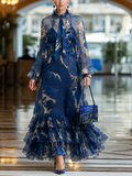 Blue Floral Chiffon Bow-tie Collared Maxi Dress With Layered Ruffles