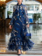 Blue Floral Chiffon Bow-tie Collared Maxi Dress With Layered Ruffles