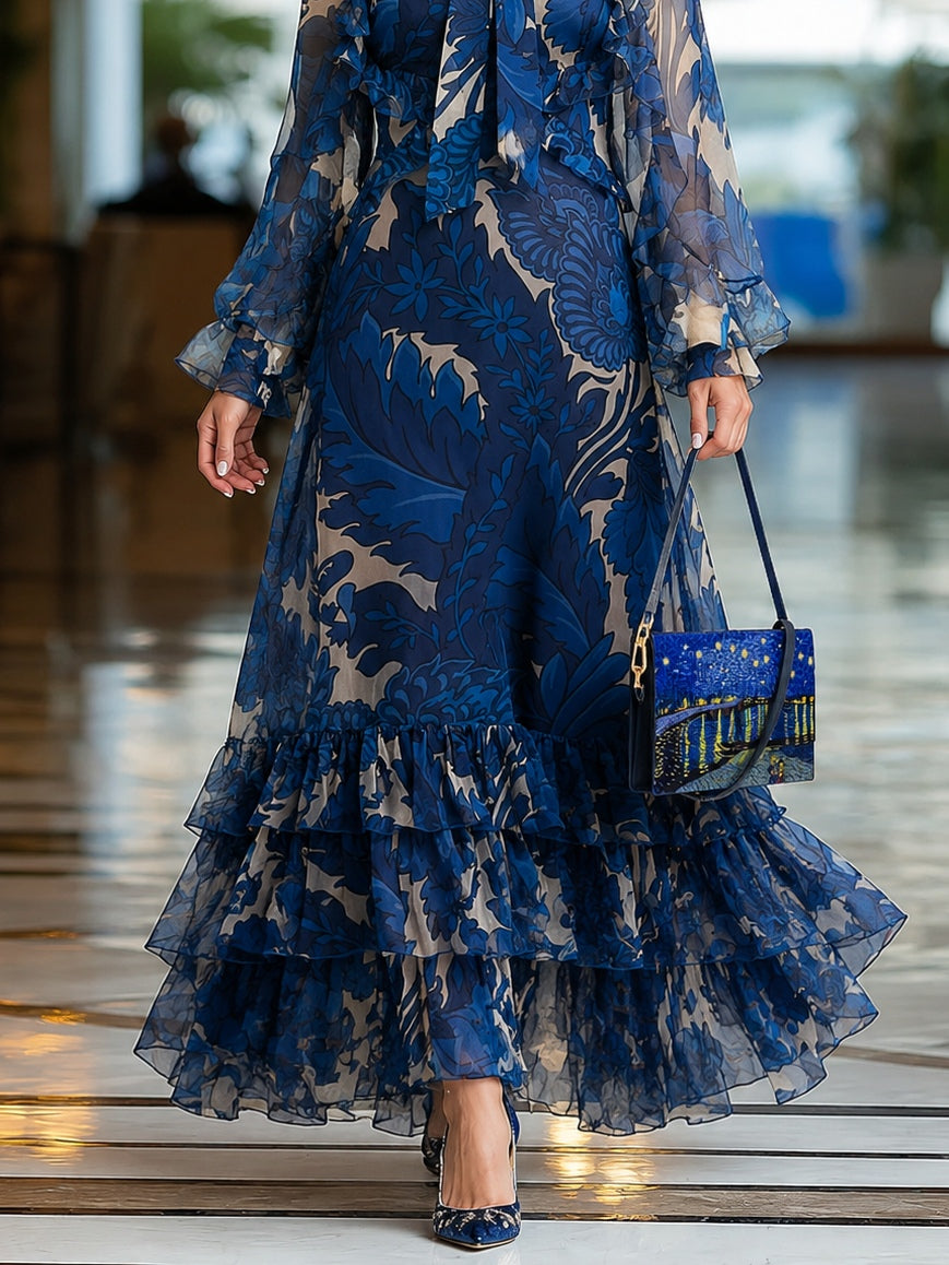 Blue Floral Chiffon Bow-tie Collared Maxi Dress With Layered Ruffles