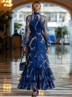 Blue Floral Chiffon Bow-tie Collared Maxi Dress With Layered Ruffles