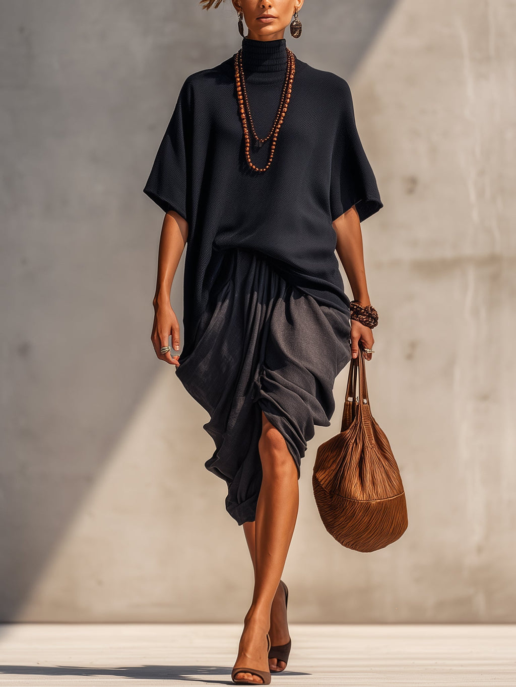 Black Knit Top And Grey Pleated Skirt Suit