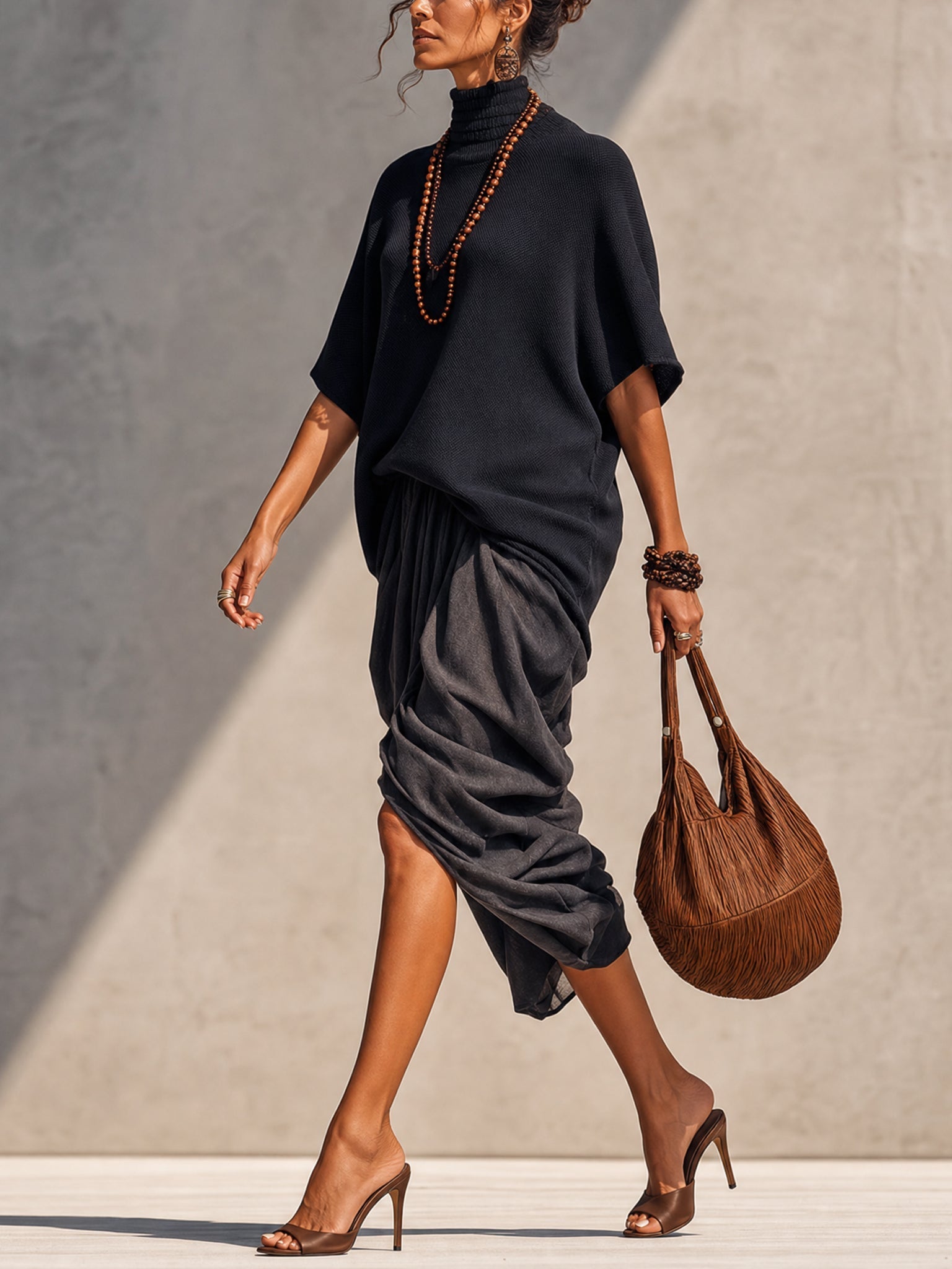 Black Knit Top And Grey Pleated Skirt Suit