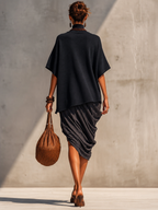 Black Knit Top And Grey Pleated Skirt Suit