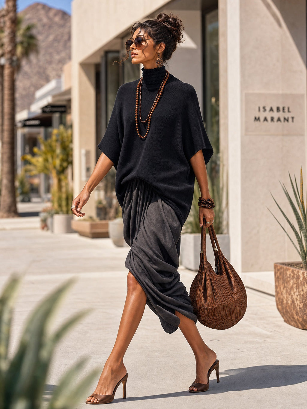 Black Knit Top And Grey Pleated Skirt Suit
