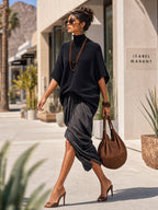 Black Knit Top And Grey Pleated Skirt Suit