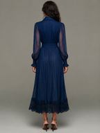 Navy Chiffon Pleated Ruffled Button-down Lace Maxi Dress