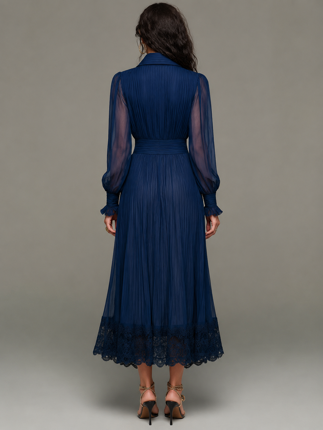 Navy Chiffon Pleated Ruffled Button-down Lace Maxi Dress