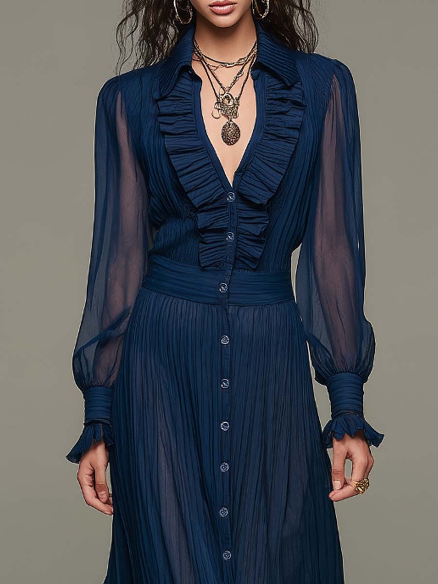 Navy Chiffon Pleated Ruffled Button-down Lace Maxi Dress