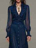 Navy Chiffon Pleated Ruffled Button-down Lace Maxi Dress